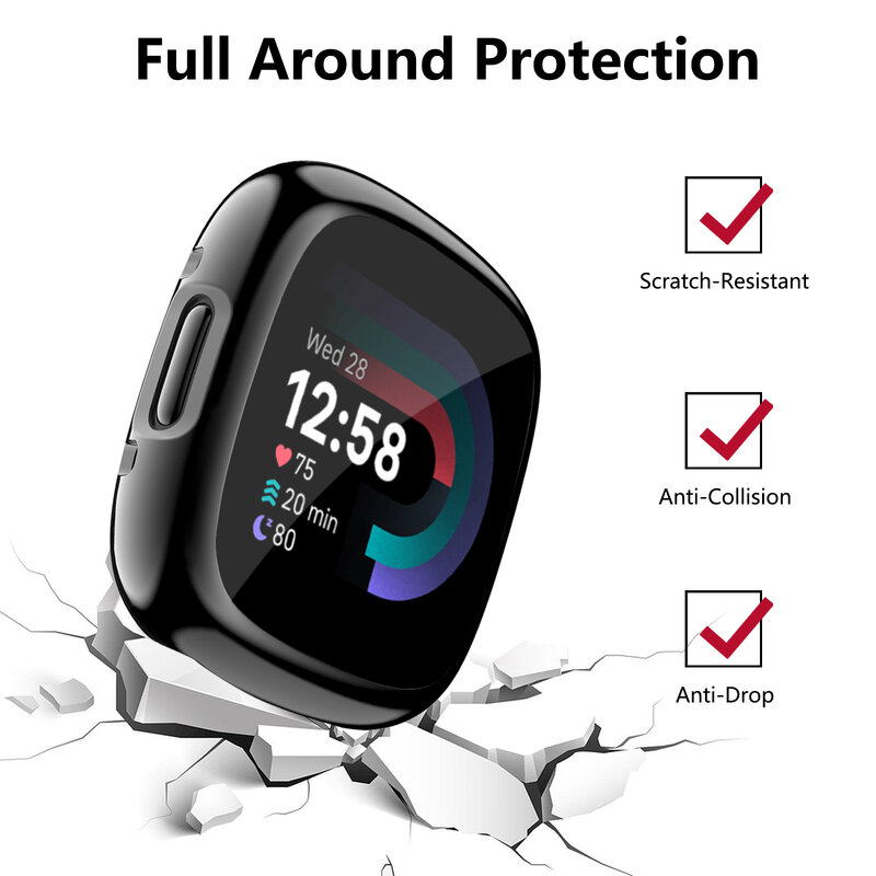 Coque de protection complète en TPU souple pour Fitbit Versa 2/Versa 3/Versa 4, protection d'écran plaquée pour Fitbit Sense 2/Sense