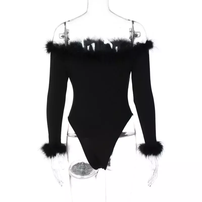 2024 New Bodysuits for Women Elegant One Piece Slim Tops Bodysuit Clothes Fashion Feathers Sexy Long Sleeve Off Shoulder YXQ08