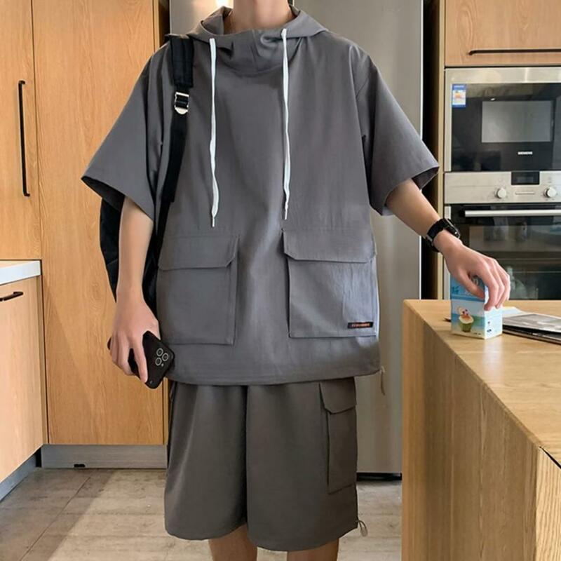 Sportswear Set Hooded T-shirt Drawstring Shorts Set for Unisex Solid Color Loose Fit Outfit with Wide Leg Shorts Elastic