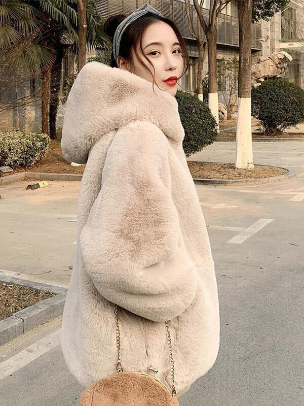 Fashion Plush Coat Women's Winter Imitation Rex Rabbit Fur Grass Loose Medium Length 2023 New Hooded Thickened Coat