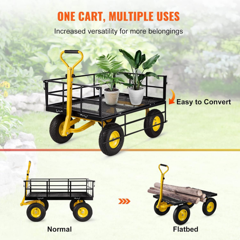 VEVOR-Steel Garden Cart, Heavy Duty, 1200 lbs Capacidade, com lados de malha removíveis, converter em mesa, utilitário Metal Wagon