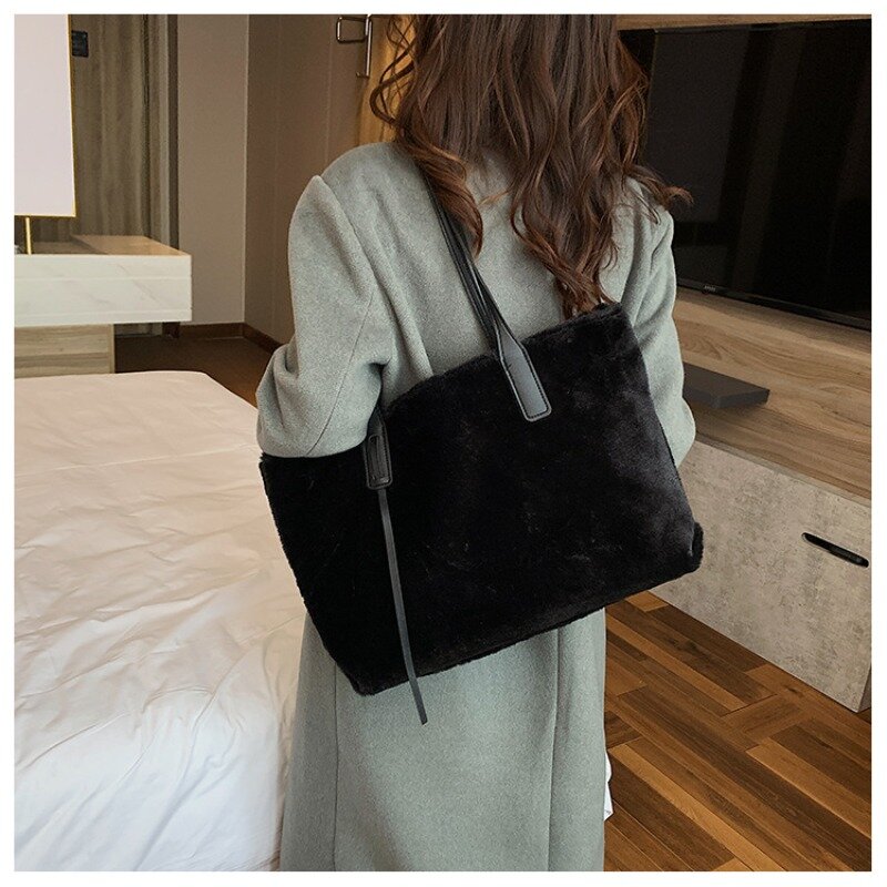 Bolso de hombro de lana de gran capacidad para mujer, bolso de mano de moda, bolso de hombro femenino, bolso de mano, Simple, de invierno, nueva tendencia
