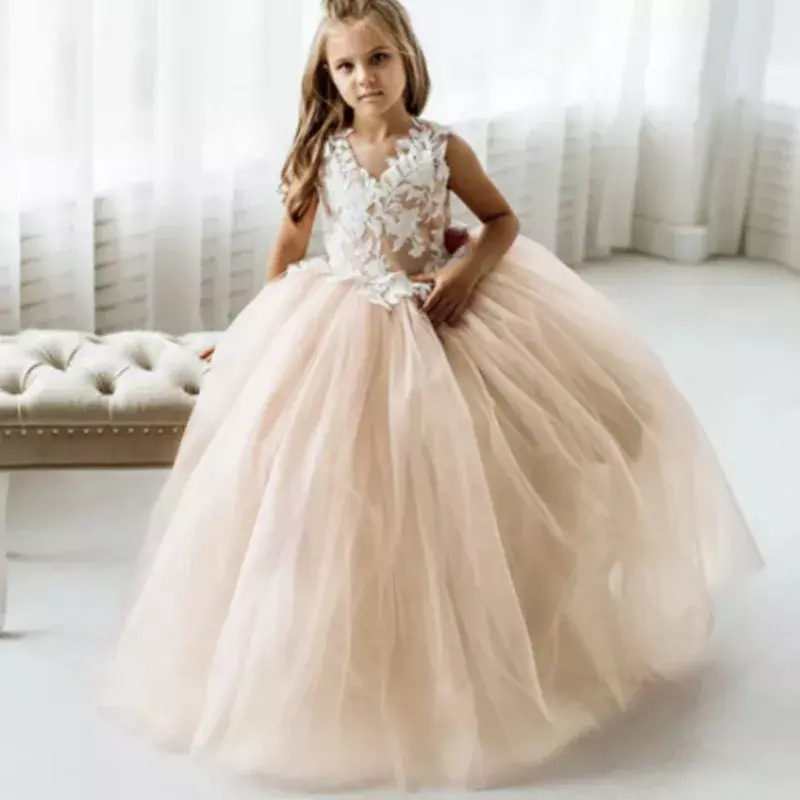 Tiulowa bufiasta dziewczęca sukienka w kwiaty aplikacja kokarda z odpinanym ogonem księżniczka dziewczynka przyjęcie urodzinowe pierwsza komunia suknia ślubna