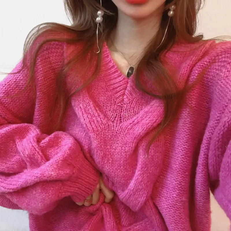 Camisola de malha feminina com gola em v, blusa de manga comprida, casual, solta, moda coreana, outono