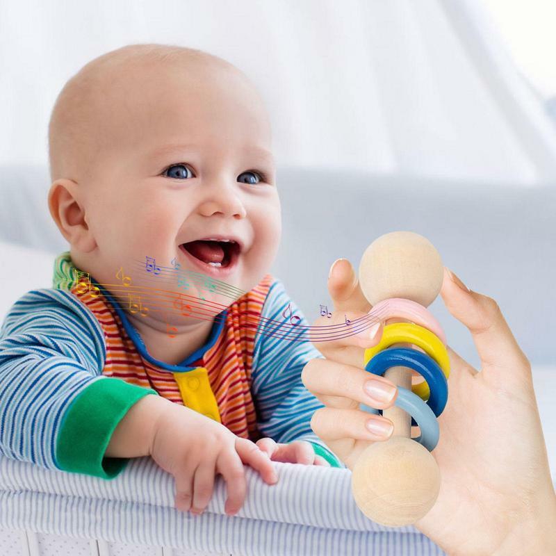 Kayu Bayi Kerincingan Teether Cincin Kayu Montessori Menggenggam Mainan Balita Kayu Mainan Bayi Mainan Montessori Kayu Mainan Kunyah Baru Lahir