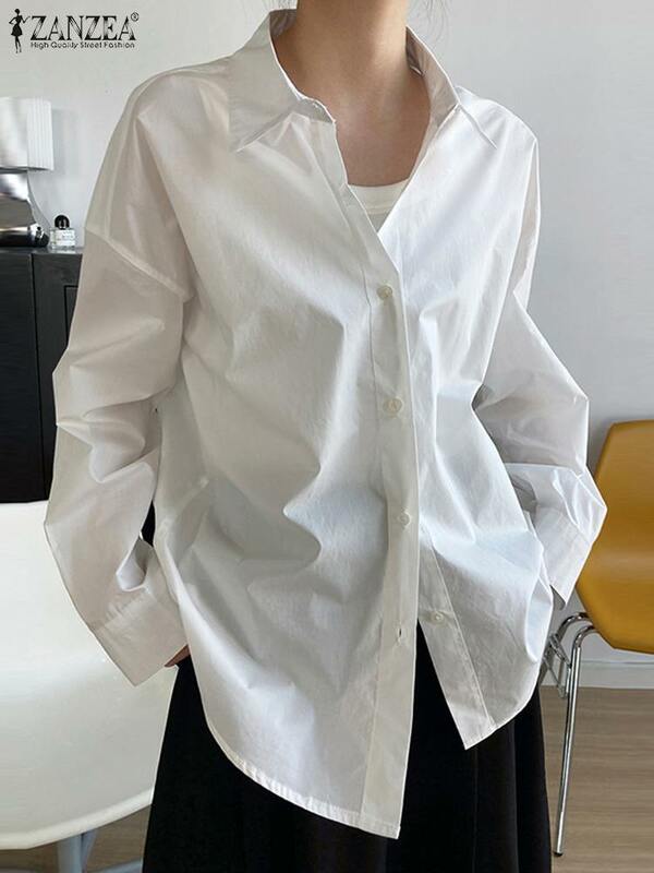 Zanzea-ラペルカラーの女性用長袖シャツ,無地のチュニックトップ,エレガントなパッチワーク,カジュアルなフェミニンなファッション,韓国語,2023
