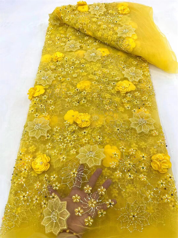 Terbaru kain renda payet Afrika 2024 kualitas tinggi renda bordir kain jala manik-manik 5 yard untuk wanita gaun pesta pernikahan