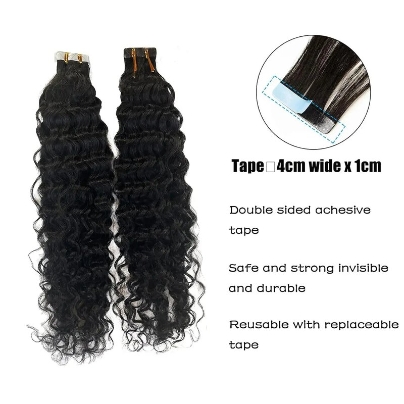Black Water Wave Tape in Human Hair Extension Brazilian Hair Skin Weft Tape in Curly Human Hair 20pcs Tape in Hair Extensions