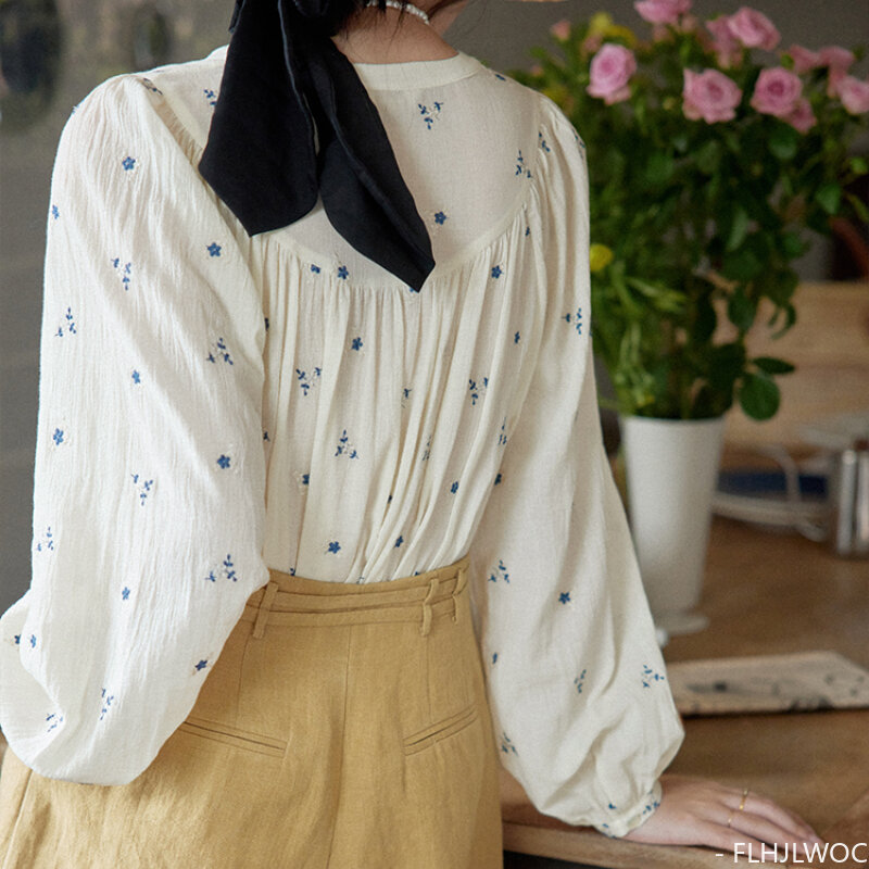 Blusa bordada de lino y algodón para mujer, camisa elegante con botones, estilo coreano, japonés, Retro, 2024
