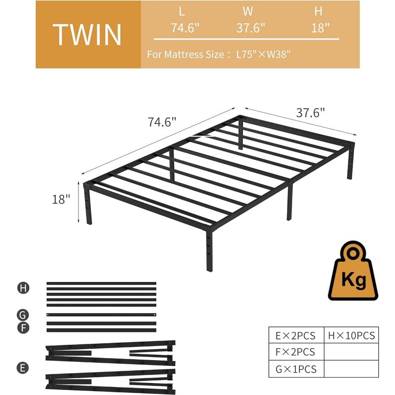 Atmospheric Metal Platform , Storage Space Under The Bed Heavy Duty Frame Bed Sturdy Twin Size Bed , 18 Inch, Twin