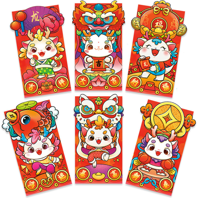 6Pcs Chinese New Year Red Envelopes Year Of Dragon Cartoon 3D Red Pocket Envelopes Luck Money Bag For Party Spring Festival