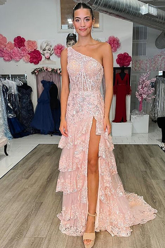 2024 Women's One Shoulder Tiered Lace Tulle Prom Dress Sleeveless High Split Long Mermaid Evening Dresses Formal Party Gowns