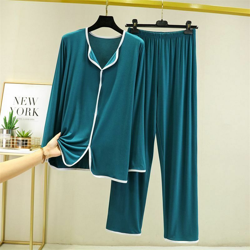 Conjunto de pijama feminino de duas peças, terno de manga comprida, seção fina e solta, pijama modal casual, tamanho grande, primavera e outono