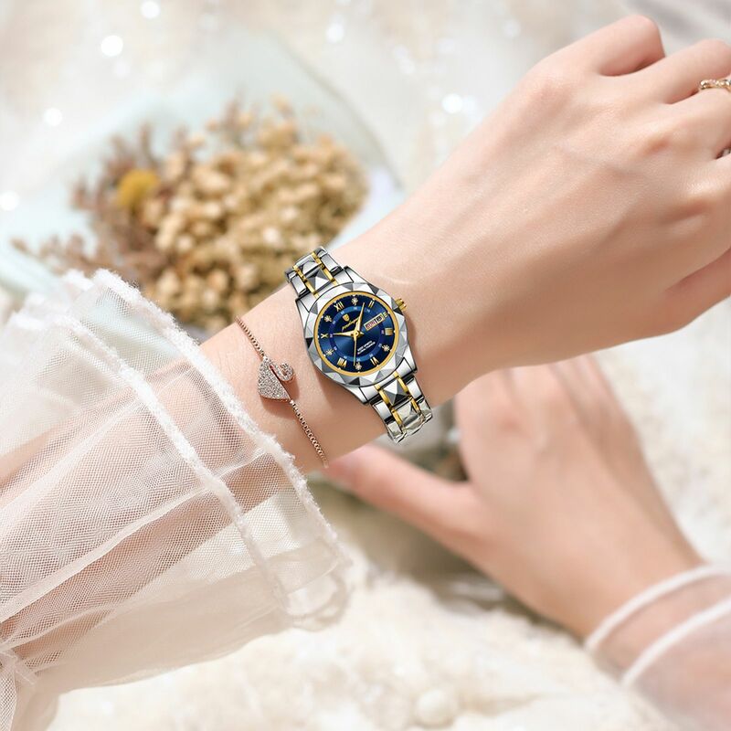 Poedagar นาฬิกาหรูสำหรับผู้หญิง, นาฬิกาข้อมือสตรีเรืองแสงกันน้ำบอกวันที่สัปดาห์นาฬิกาข้อมือสแตนเลสนาฬิกาควอตซ์ reloj + BOX