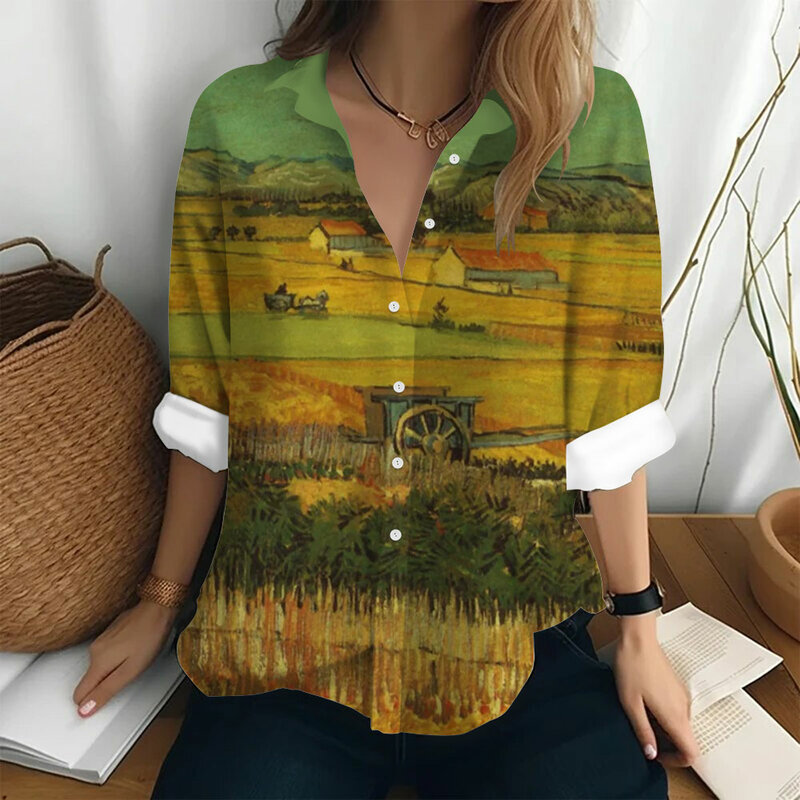 Blusa de manga larga holgada para mujer, camisa informal con estampado de pintura al óleo, Estilo Vintage, talla grande
