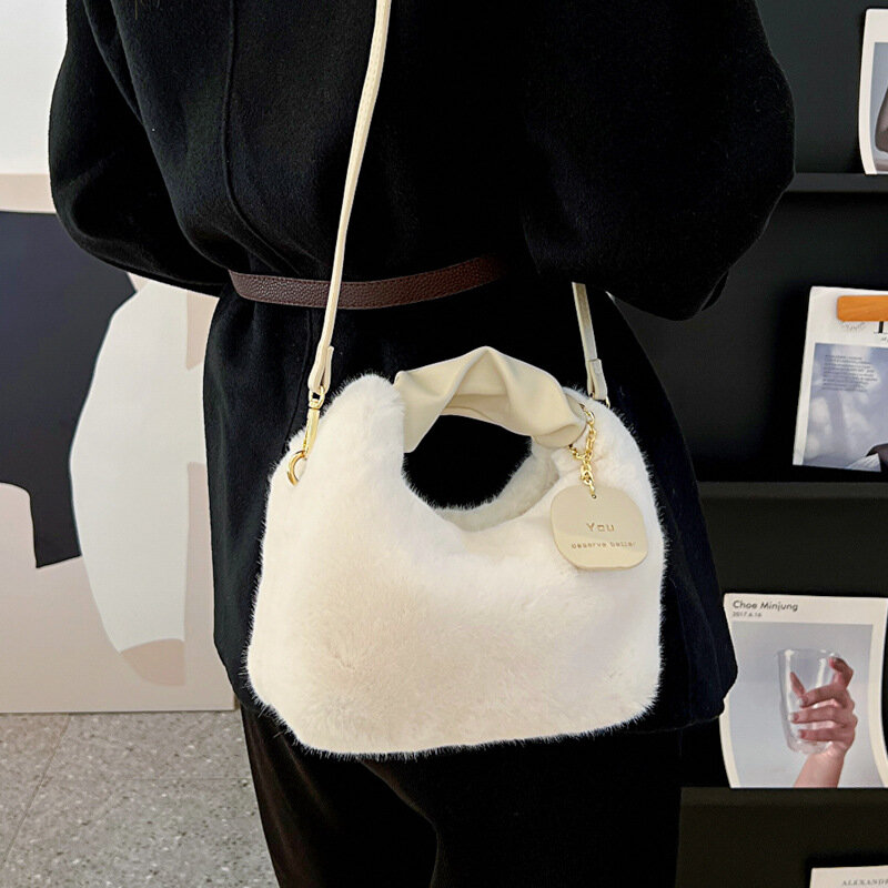 Women Faux Fur Handbags Zipper Small Lady Shoulder Bag Casual Tote Half-Moon Hobos Winder Crossbody Bag For Traveling Shopping