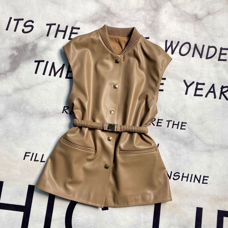2023 New Arrival Women Fashion Simple  Single Breasting Waist Strap Genuine Sheepskin Leather Vest