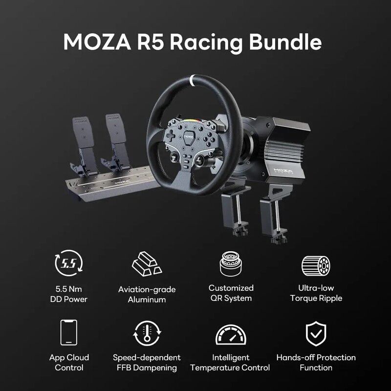 MOZA R5 All-in-One PC Gaming Racing Simulator 3PCS Bundle: 5.5Nm Direct Drive Wheel Base, 11-inch Racing Wheel,