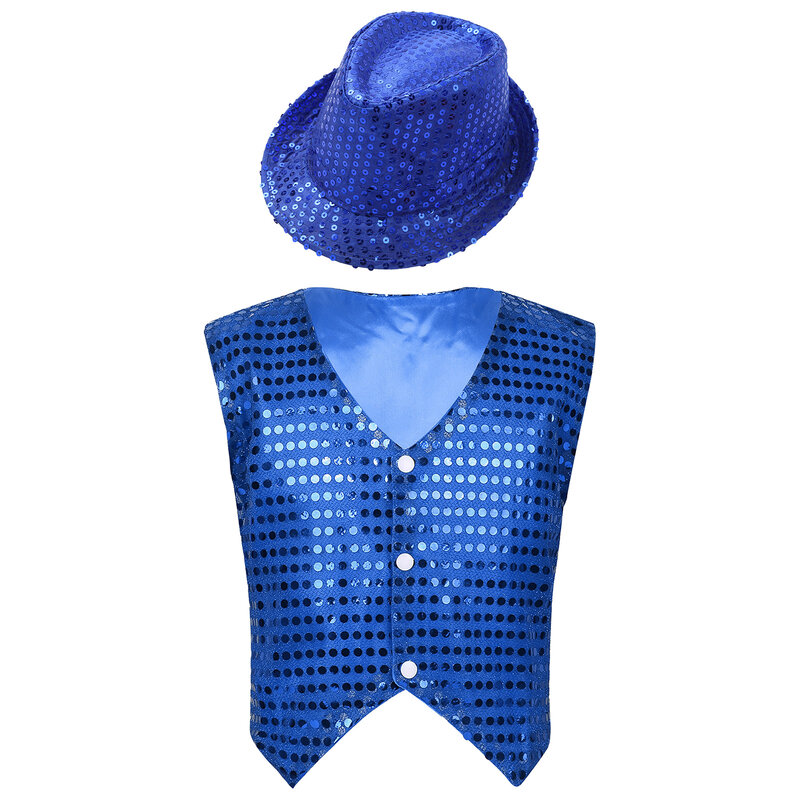 Girls Boys Sequins Jazz Vests Outfits Glittery Sleeveless Waistcoat+Hat Set for Hip Hop Jazz Performance Street Dance Costume
