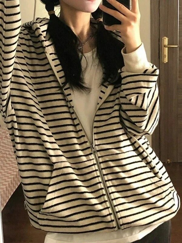 Deptown w stylu Vintage, w paski oversize bluzy damskie Harajuku Kpop zapinane na zamek bluzy koreańskie Casual dopasowany kardigan Grunge Gothic