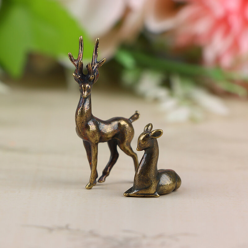1Pc Copper Alloy Sika Deer Tabletop Small Ornaments Vintage Animal Figurines Desk Decorations Accessories Home Decor Crafts