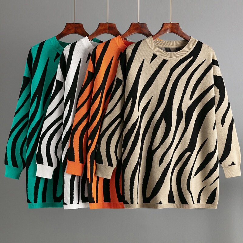 Pulôver feminino de malha solta, suéter com gola O, mangas compridas, malha casual, tops da moda zebra, novo, outono e inverno 2023