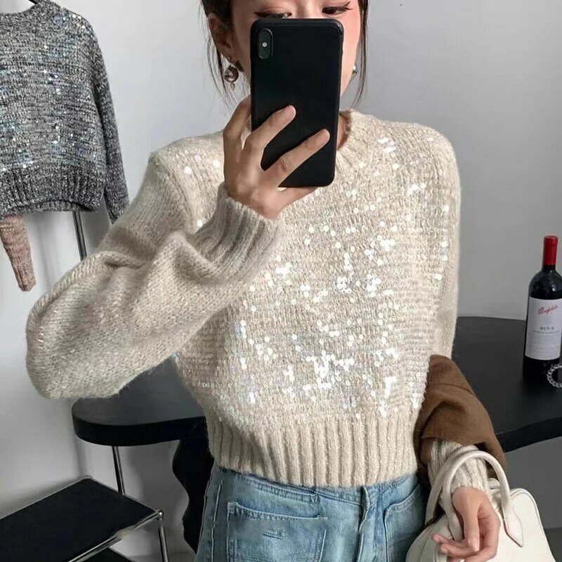 French Sequins Knitshirts Women Autumn Winter O-neck Pullover Sweater All-matched Long Sleeve Female Knitted Tops