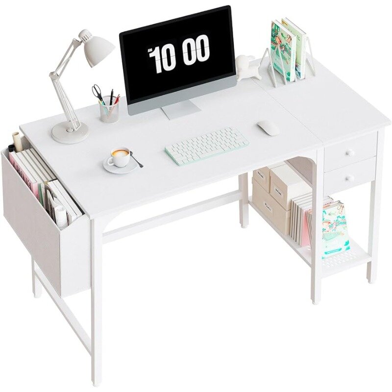 Lufeiya meja kecil putih, meja komputer laci-40 inci untuk ruang kecil rumah kantor, meja belajar Modern sederhana untuk PC