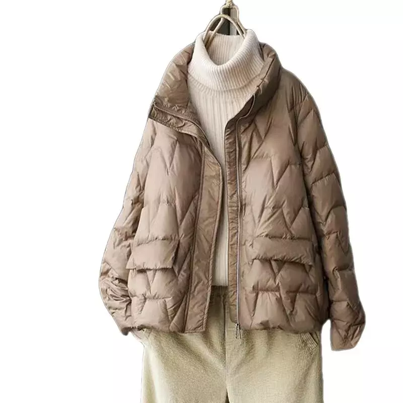Jaqueta Janveny ultra leve para mulheres, gola de inverno, casaco puffer de penas, 90% pato branco nas parkas, casacos monocromáticos