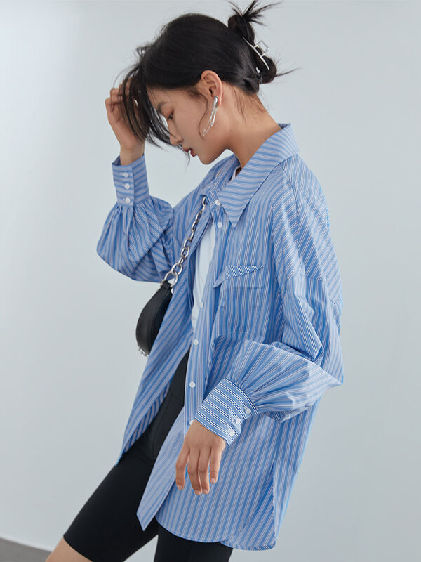 FSLE-Blusa informal a rayas azules de gran tamaño para mujer, camisa elegante con botones, Top de manga larga para primavera