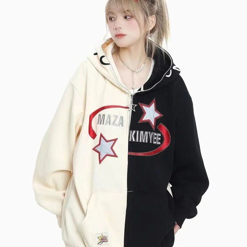 American Retro Star Embroidery Anime Hoodie Zippered Cardigan Women's Top Loose Jacket Y2k Clothes Kawaii Kpop Sweatshirts