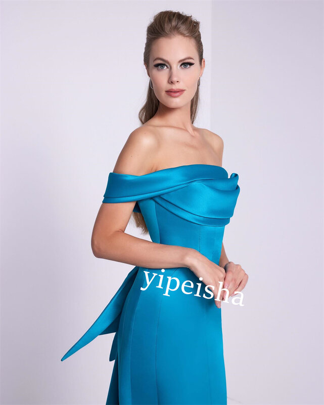 Satin Bow Pleat Formal Evening A-line Off-the-shoulder Bespoke Occasion Gown Long Dresses