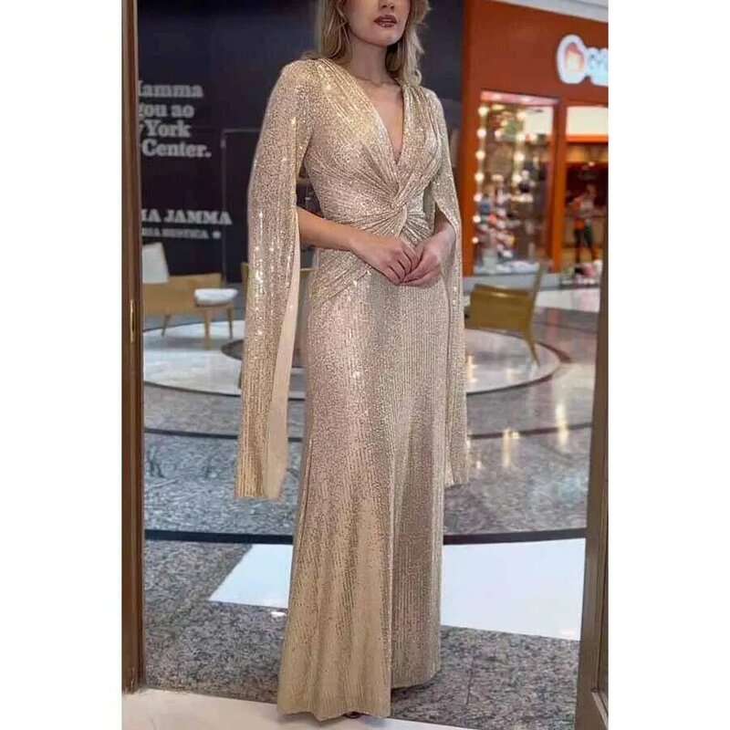 Eleganckie kobiety świecące sukienka na formalną imprezę z głębokim dekoltem w szpic długie suknie koktajlowe 2024 nowa dama seksowne cekiny smukłe suknie wieczorowe