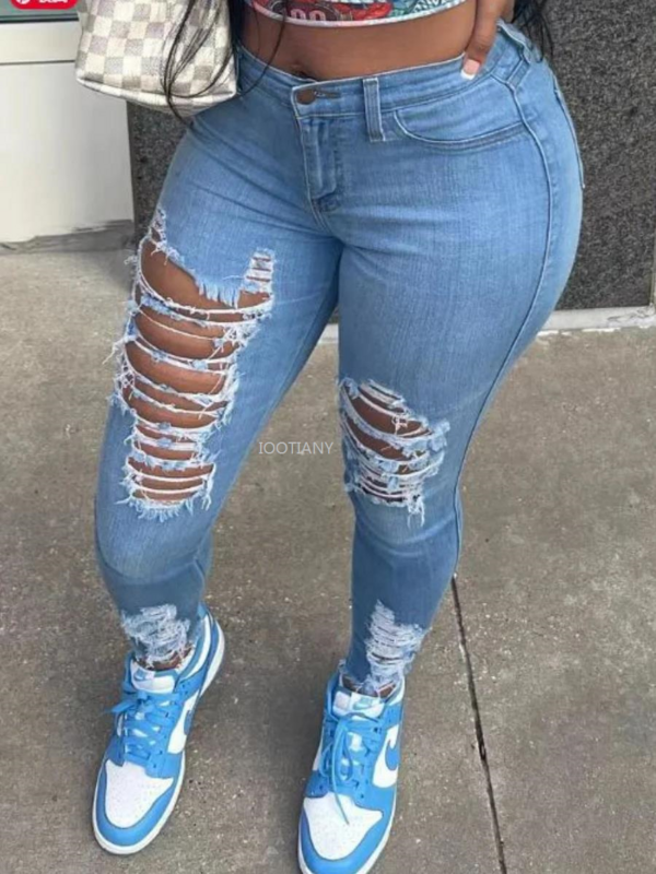 Nieuwe Trendy Casual High Street Gescheurde Potlood Jeans Mid Taille Gescheurde Zak Ontwerp Van Een Normale Stretchy Denim Broek Kuitbroek