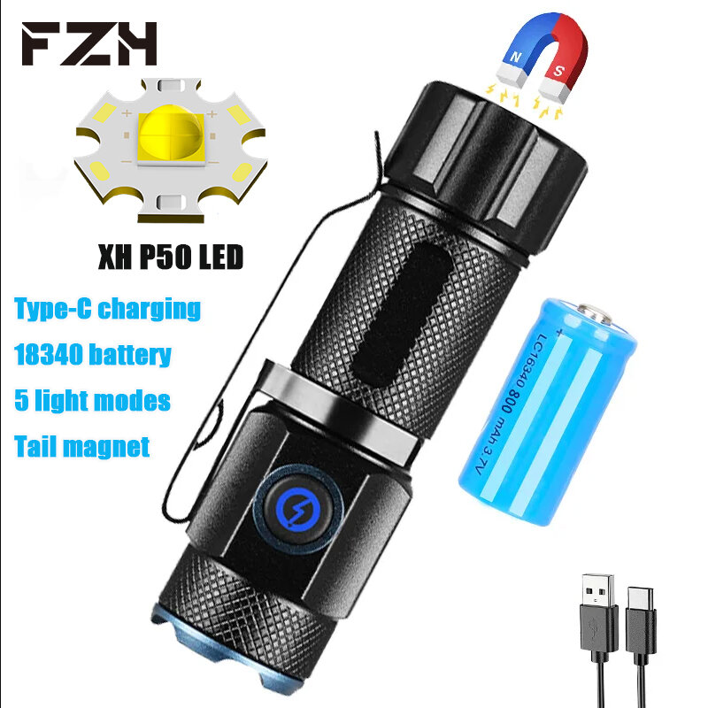 XHP50 Mini LED Flashlight EDC Strong Light Type-c Rechargeable 1000LM Lantern with Magnet Camping Fishing Outdoor Cap Clip Torch