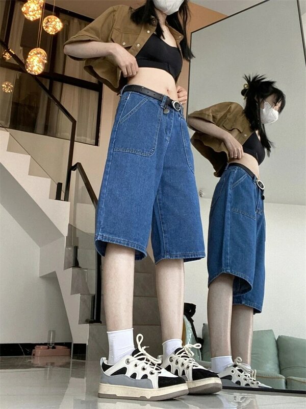 Damskie luźne duża kieszeń z szerokimi nogawkami krótkie spodnie letnie nowe amerykańska ulica damskie proste niebieskie szorty