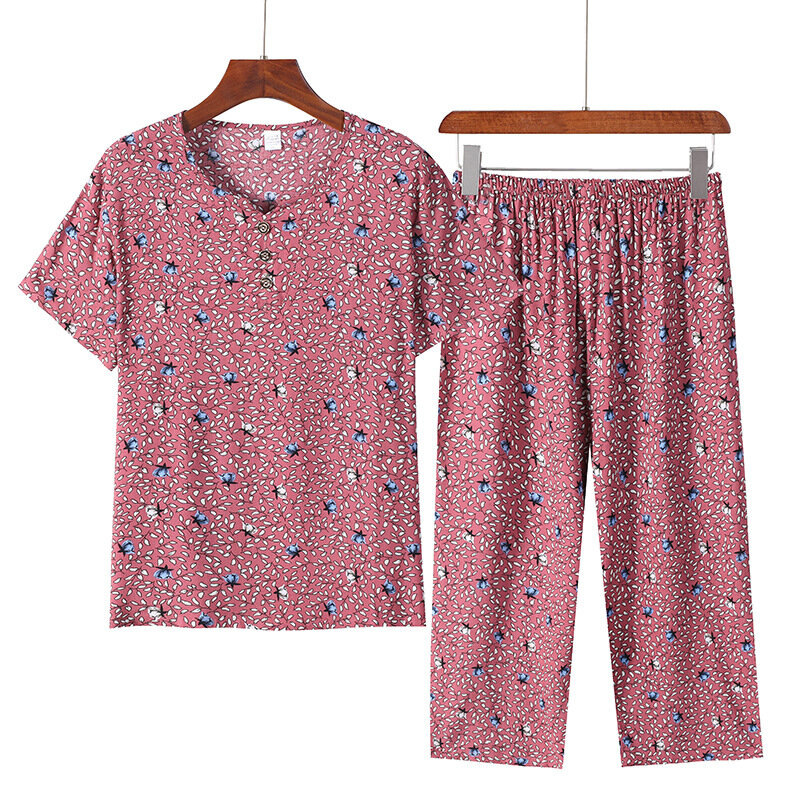 Meia-Idade Mãe Short Sleeved Pant Suit Impresso Senhoras Two-Piece Set Algodão Casual Tamanho Grande Sleep Wear Mulheres Verão Pijama