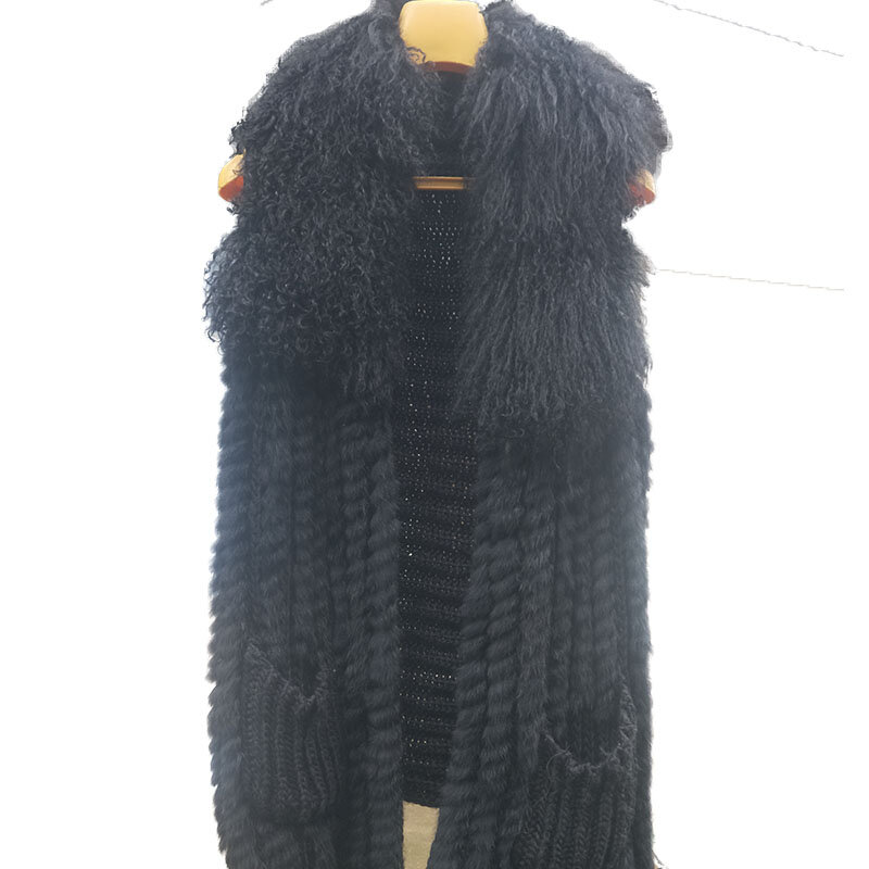 Chaleco de piel de conejo Real con cuello de piel de cordero de Mongolia para mujer, chaleco largo de piel auténtica de punto con bolsillo, chaleco sin mangas