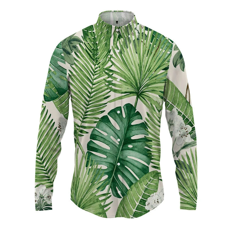 Nieuwste Hawaii Shirt Mannen Bladplant 3d Print Lang Shirt Casual Lange Mouw Knoop Revers Heren Kleding Groen Shirt Voor Mannen Tops