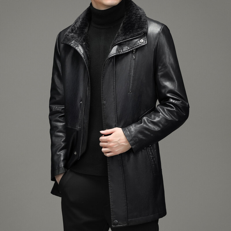 Haining couro masculino jaqueta de couro outono e inverno comprimento médio blusão de pele quente casaco de uma peça