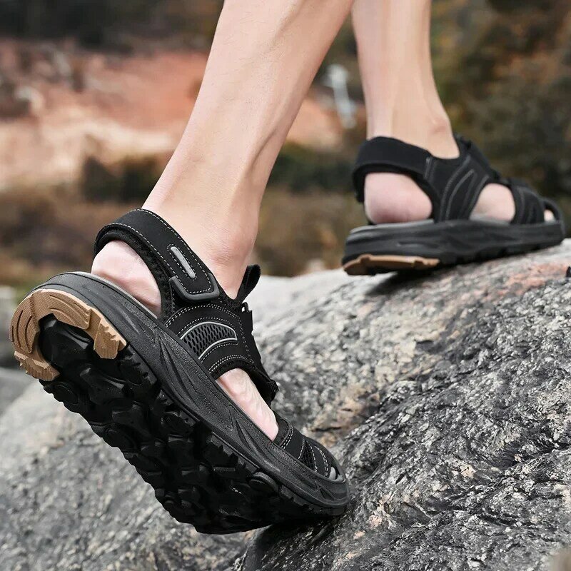 Sandálias romanas de couro genuíno masculinas ao ar livre, sapatos de praia macios e confortáveis, tamanho grande, verão