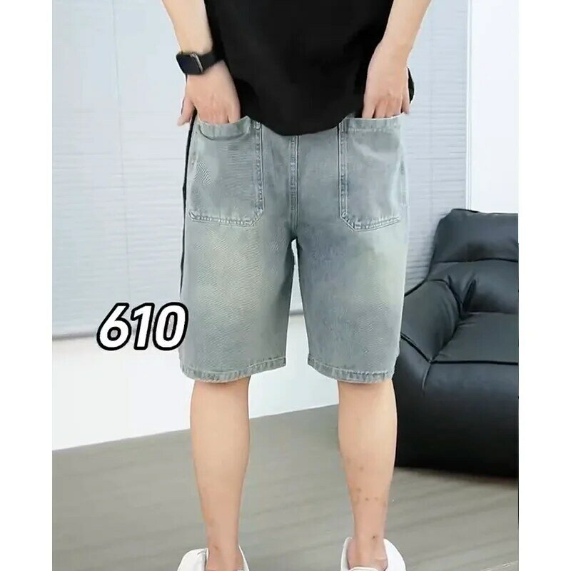 Letnia męska z lat krótki dżins XX wieku spodnie dżinsowe rozciągliwa ciemnoniebieska odzież robocza męska z prostym krótki dżins krótki dżins