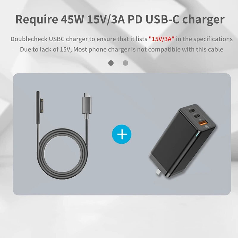 สายชาร์จ USB-C กับพื้นผิว nku 1.5เมตรเชื่อมต่อ15V/3A 45W PD ใช้ได้กับ Surface Pro 7/6/5/4/3 Go3/2/1 Laptop4/3/2/1