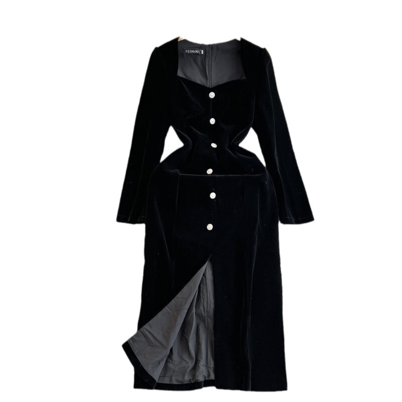 Damen schwarz Samt Kleid Herbst Französisch Stil elegantes Temperament quadratischen Kragen mittellange Knöpfe Split Kleider Ballkleid