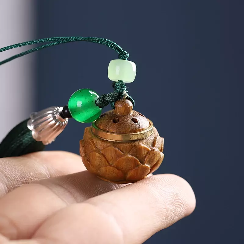 Natural Green Sandalwood Hollow Carved Pixiu Lotus Gourd Landscape Pendant Sachet Wood Carving Jewelry Keychain Boutique Jewelry