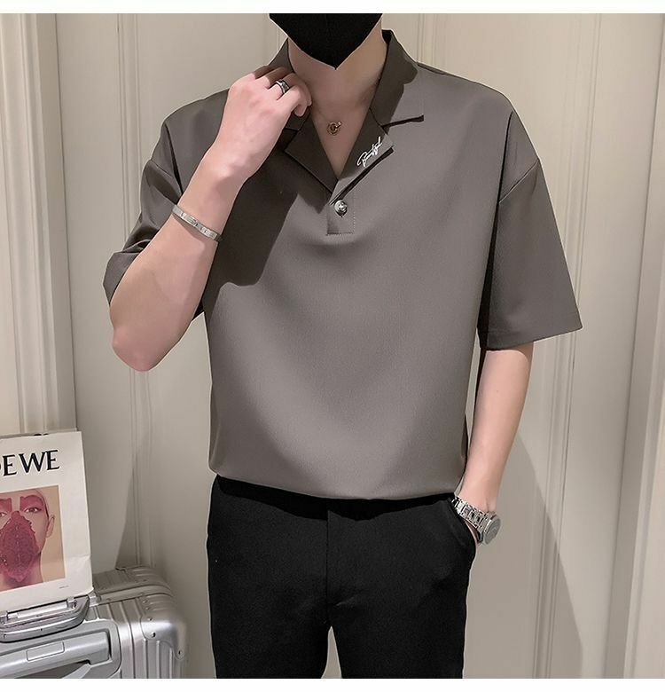 Рубашка-поло мужская с коротким рукавом, шелковая однотонная блузка с лацканами, на пуговицах, в американском стиле, повседневная универсальная простая тонкая рубашка с воротником, лето