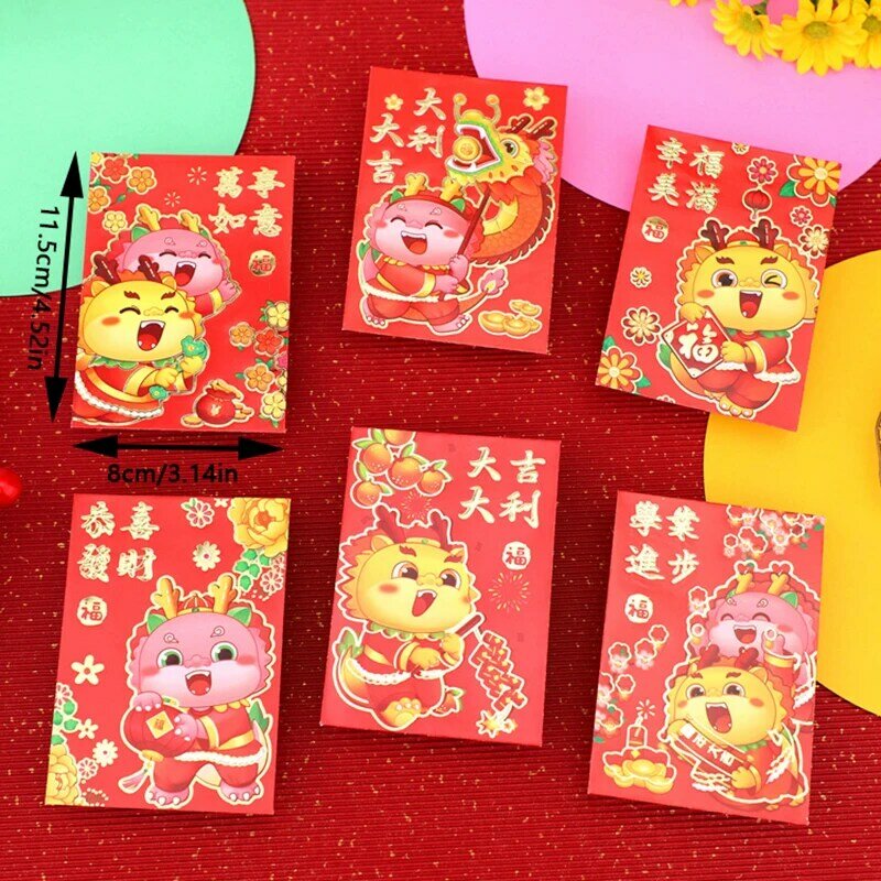Envelopes vermelhos do festival da primavera, o ano da sorte do dragão, envelope de dinheiro da sorte, nova decoração chinesa, 2022, 6 peças