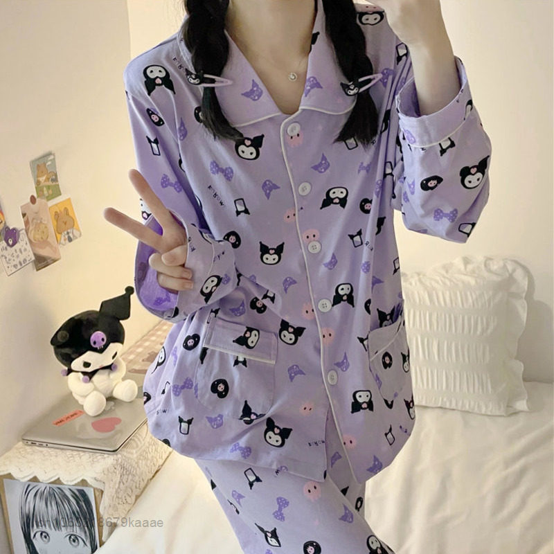 Sanrio Kuromi pigiama stile viola Y2k carino 2 pezzi Set donna vestiti per la casa sottile manica lunga top pantaloni gamba larga indumenti da notte femminili