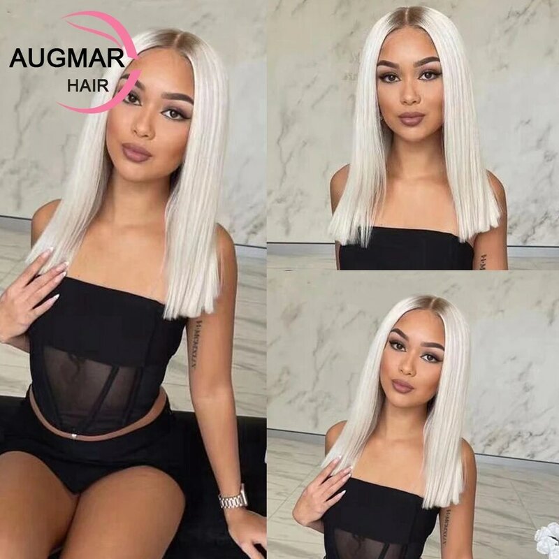 Grey Short 360 Lace Frontal Wig Platinum Blonde Ombre Wig Gluelese 13x4 HD Straight Bob Wig Lace Front Human Hair Wigs For Women
