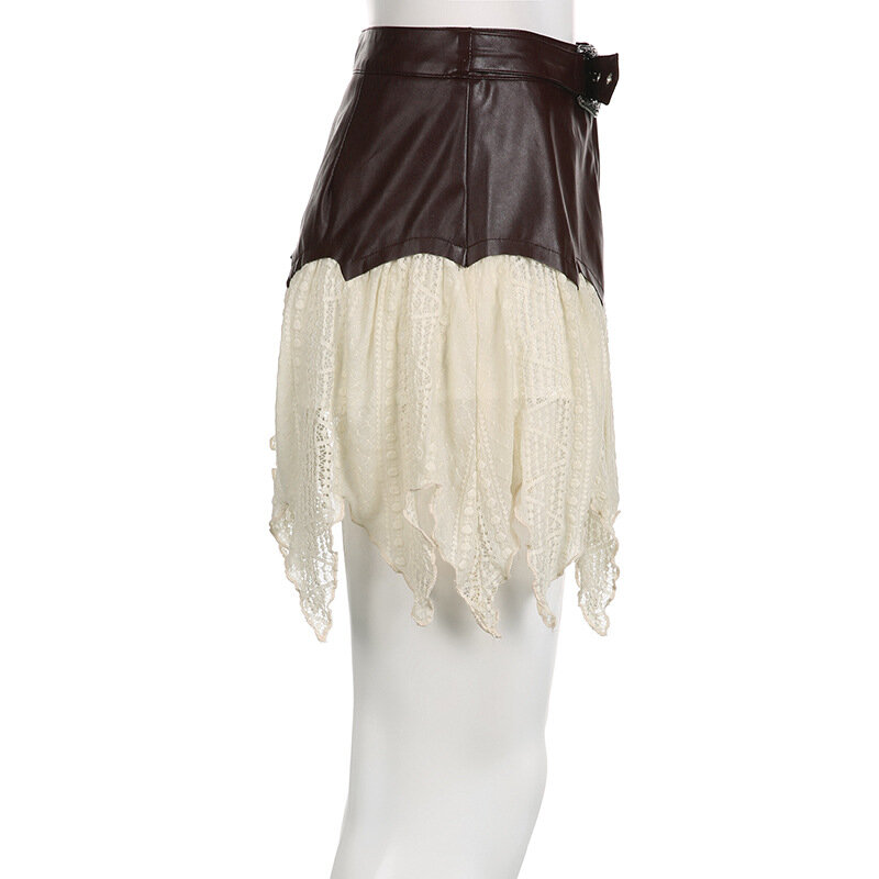 Spódnica damska 2024 letnia moda skórzana koronkowa patchworkowa nieregularne brzegi na co dzień Mini spódniczka pikantna dziewczyna krótka spódniczka Y2k Streetwear